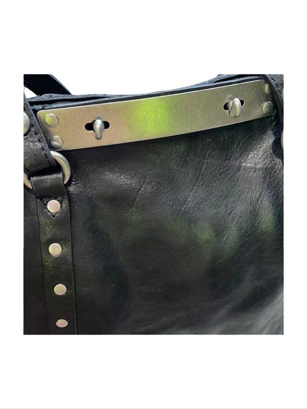 Patricia Nash Black Leather Studded Tote Bag Silver Hardware Metal Bar Detail - Picture 8 of 14